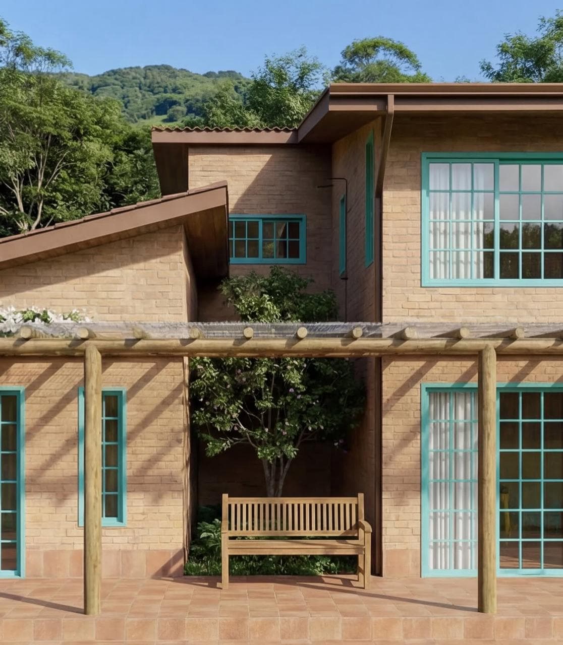 Fachada em tijolo aparente, assentado à mão.